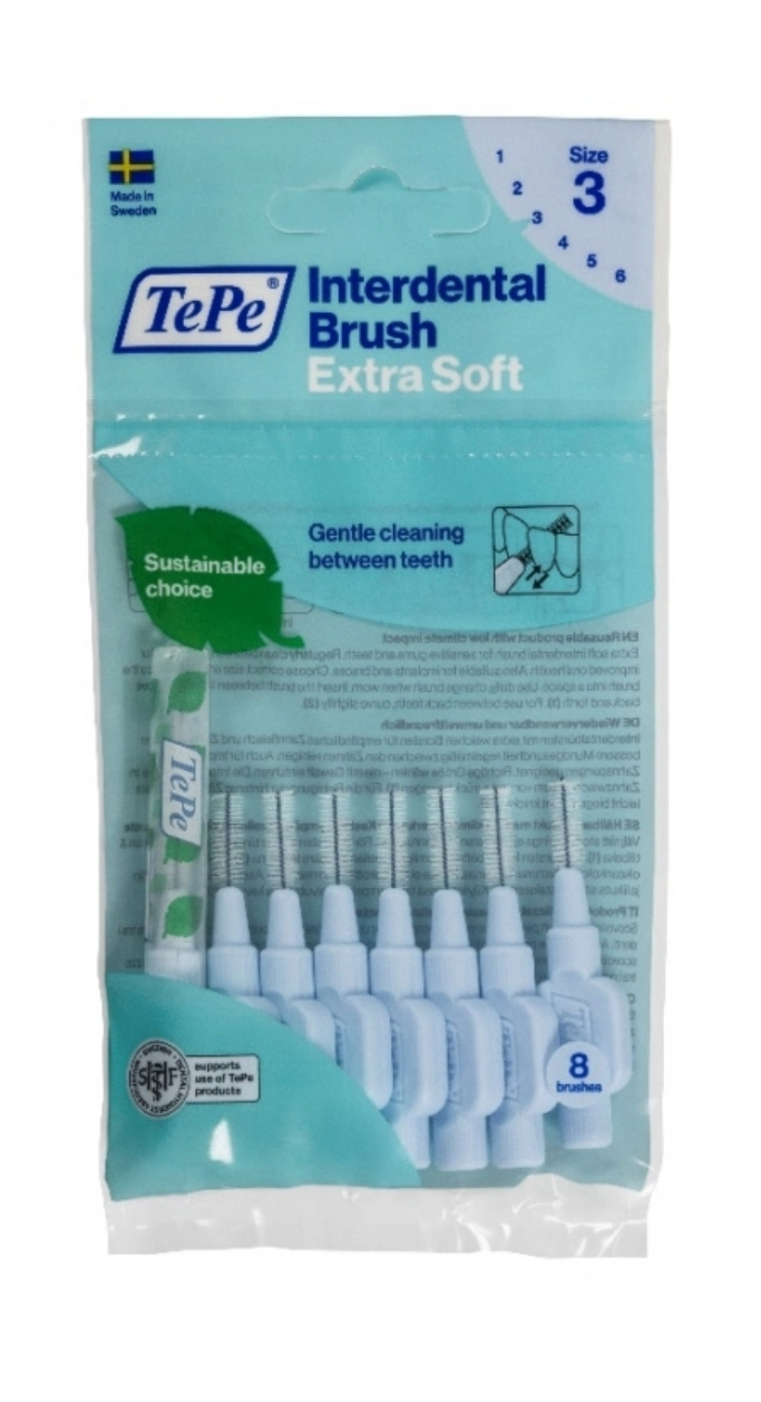 Labai minkšti tarpdančių šepetėliai TePe 0.6mm, ISO 3, žydri 8 vnt.