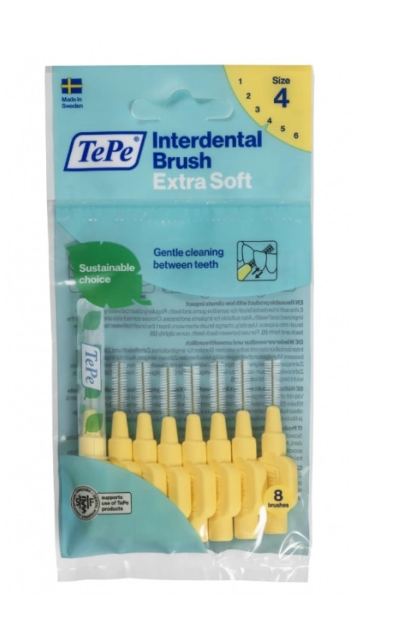 Labai minkšti geltoni tarpdančių šepetėliai TePe 0.7mm, ISO 4, 8 vnt.