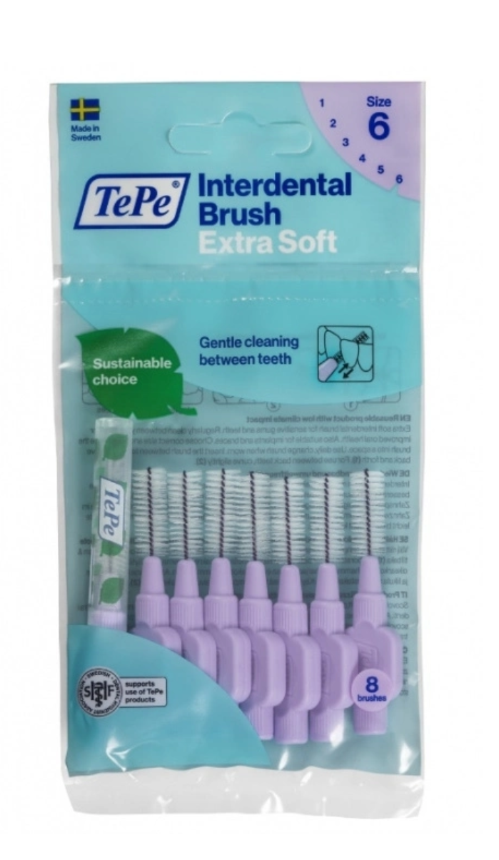 Labai minkšti violetiniai tarpdančių šepetėliai TePe 1.1mm, ISO 6, 8 vnt.